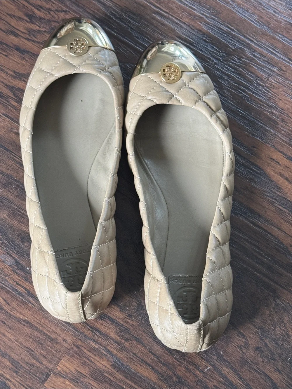 Tory Burch Quilted Beige Leather Ballet Flats with Gold Cap Toe Logo